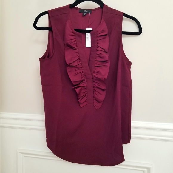 New! J Crew sz XXS XX-Small Burgundy Ruffle-front top satin blouse NWT - Picture 1 of 5
